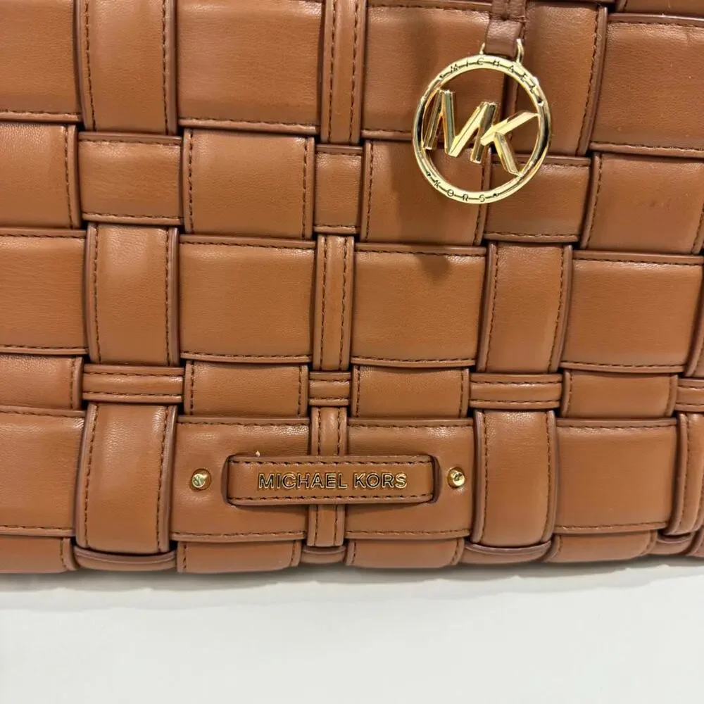 Michael Kors Brown Leather Unlined Snap Closure Ivy Medium Woven Tote Bag - Picture 7 of 11